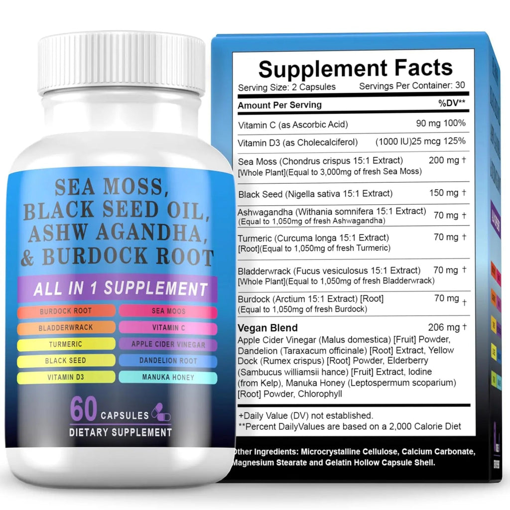 Pyzor Sea Moss Black Seed Oil Ashwagandha Turmeric Bladderwrack Burdock, Elderberry Manuka Dandelion, Burdock Root Turmeric Vitamin D3 Chlorophyll - 60 Capsules - TrustMedUSA