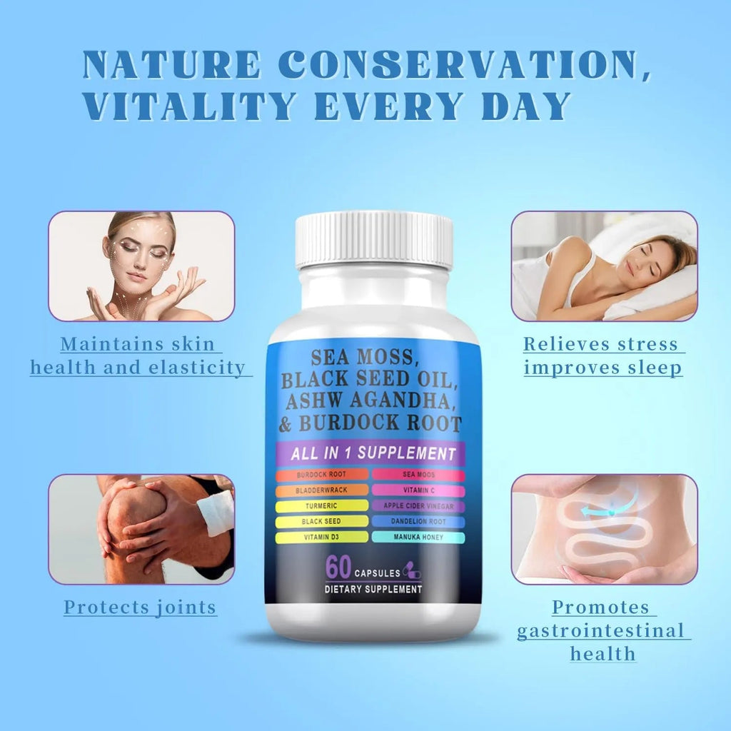 Pyzor Sea Moss Black Seed Oil Ashwagandha Turmeric Bladderwrack Burdock, Elderberry Manuka Dandelion, Burdock Root Turmeric Vitamin D3 Chlorophyll - 60 Capsules - TrustMedUSA