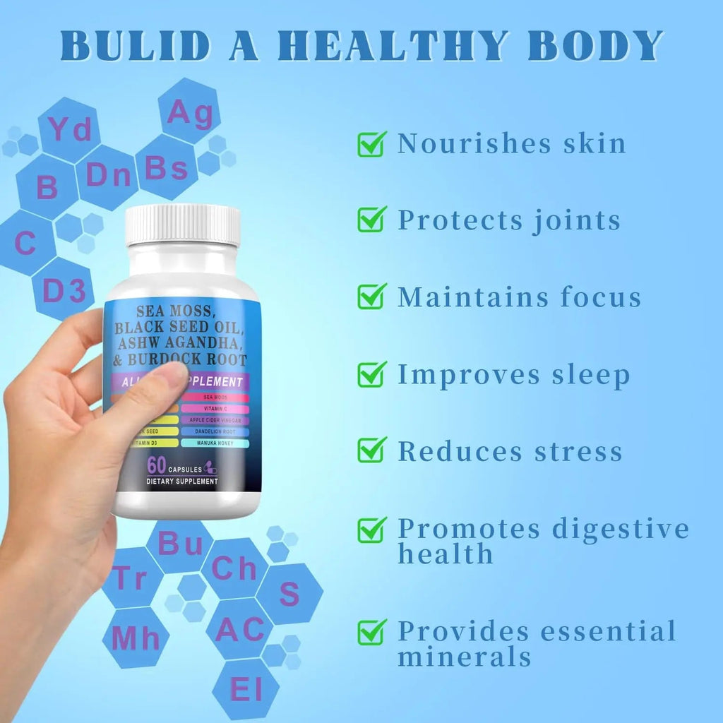 Pyzor Sea Moss Black Seed Oil Ashwagandha Turmeric Bladderwrack Burdock, Elderberry Manuka Dandelion, Burdock Root Turmeric Vitamin D3 Chlorophyll - 60 Capsules - TrustMedUSA