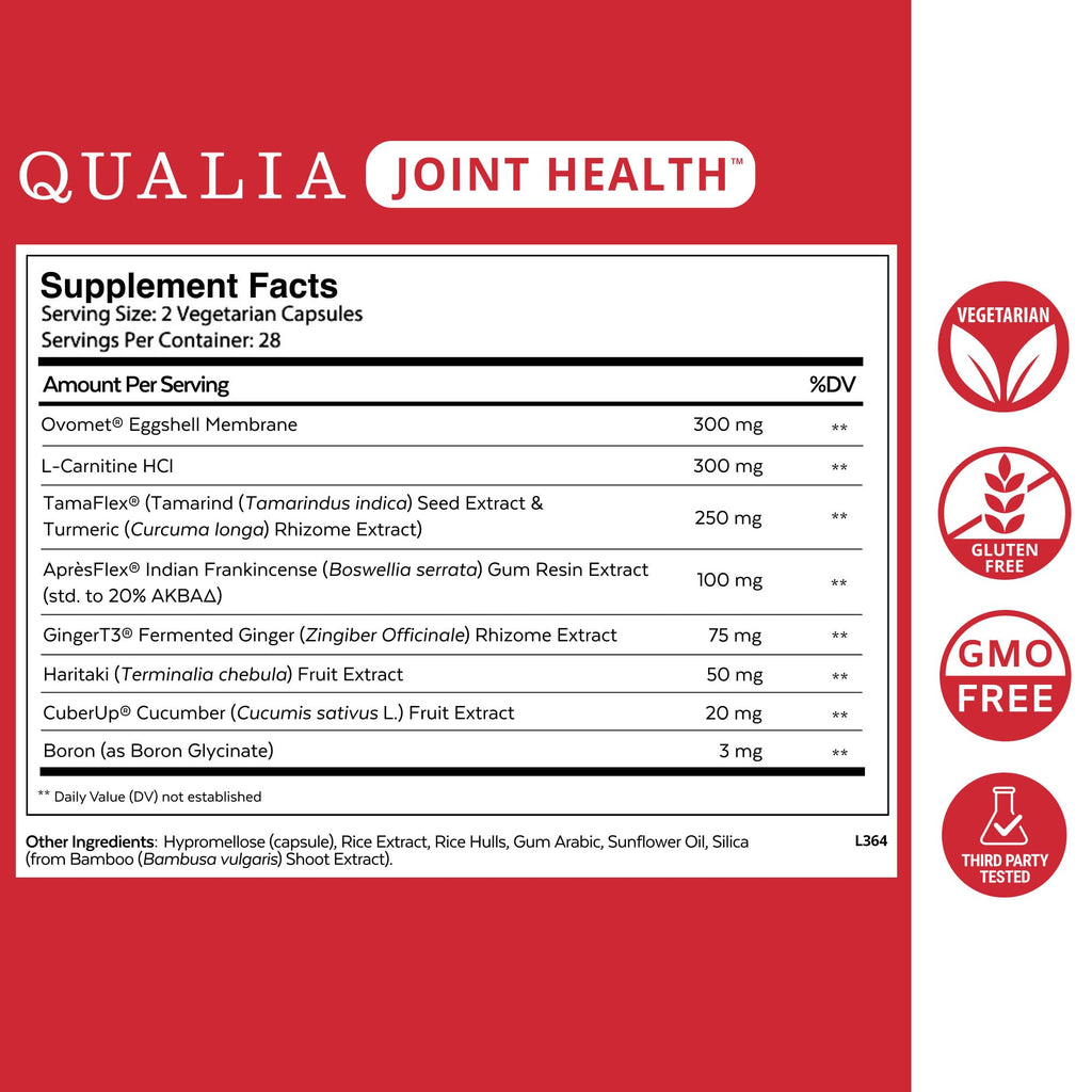 Qualia Joint Health 9 Advanced Joint Health nutrients: denatured Collagen, boswellia, tumeric, Boron, Ginger, L-carnitine. Cartilage Health, Tendon Strength, Healthy Joint Aging (1 Month Supply) - TrustMedUSA