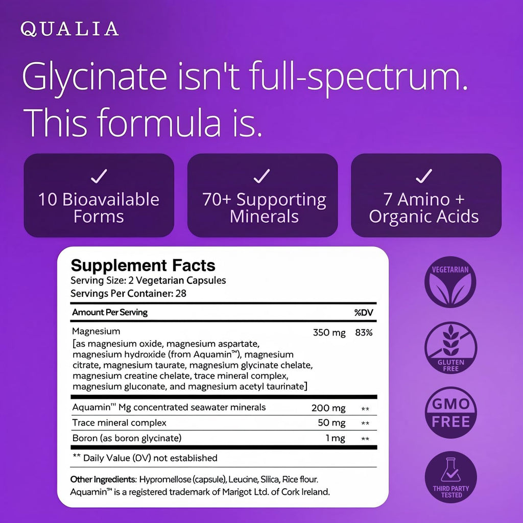 Qualia Magnesium+ | Doctor-Formulated. Premium Formula | High Bioavailability | 10 Forms of Magnesium & 70+ Minerals | Relaxed Mood, restful Sleep - TrustMedUSA