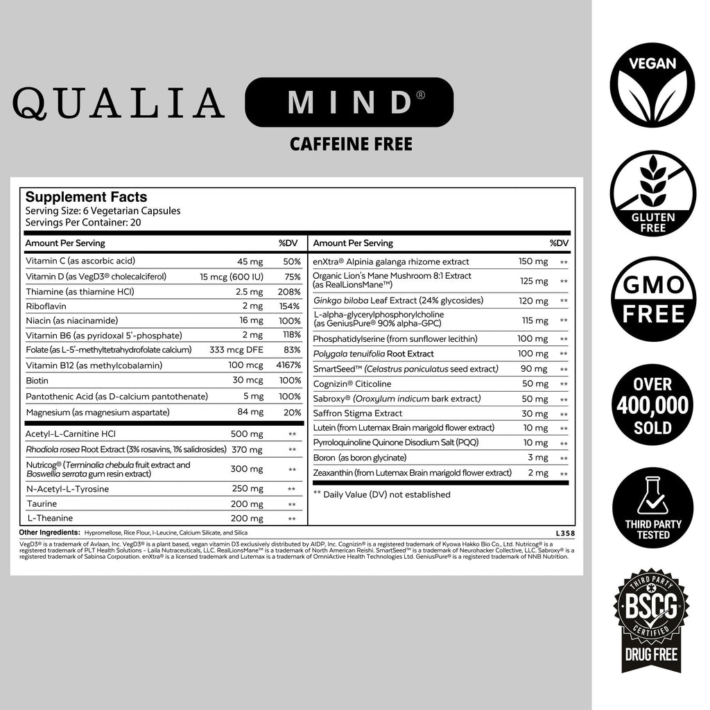 Qualia Mind (Caffeine Free) | The Ultimate Blend for Brain Health* | Doctor-Formulated Nootropic to Fuel Focus & Concentration* | Supports Long Term Brain Health| Maintain Drive & Productivity - TrustMedUSA