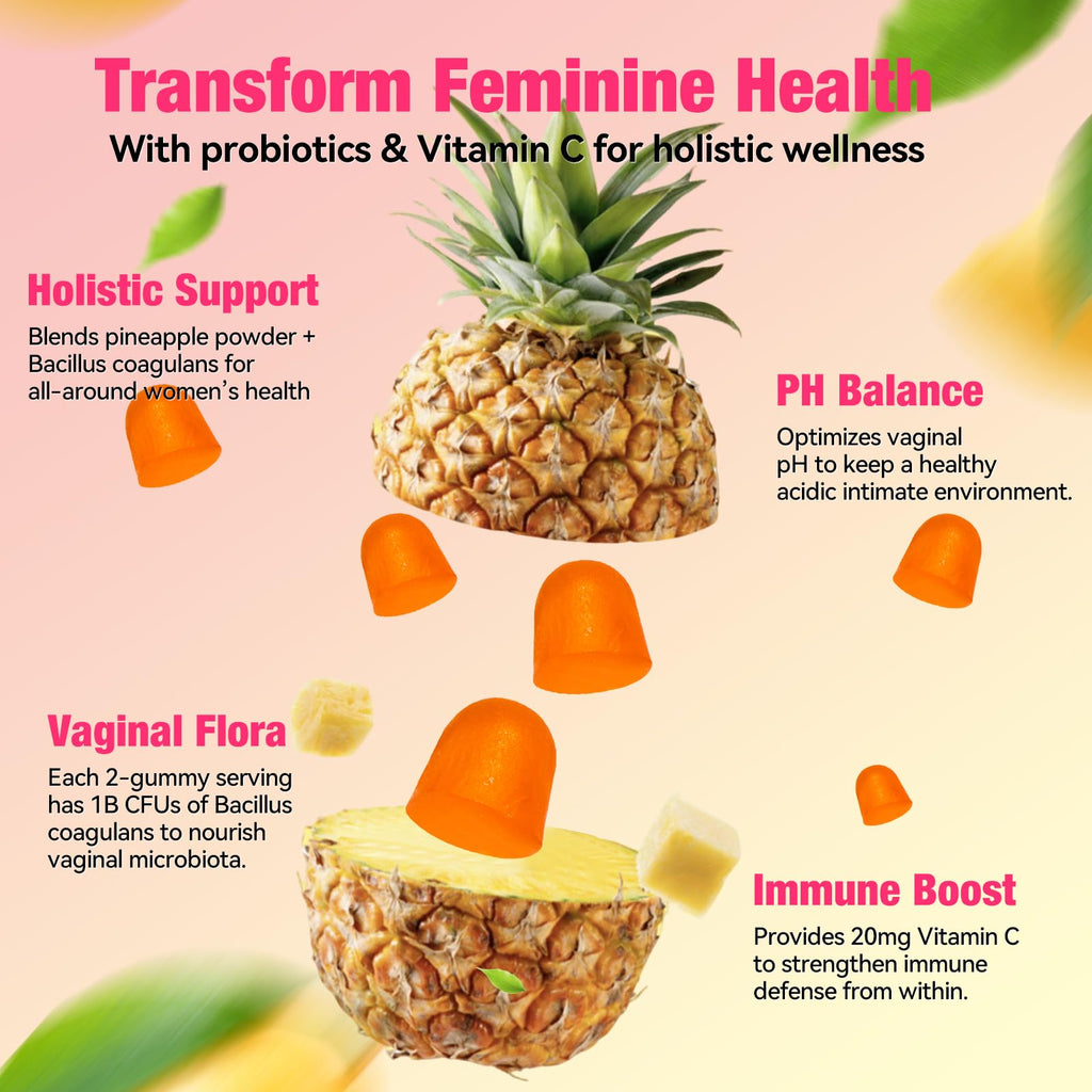 QualiLife Premium Feminine Balance Gummies for Women – Probiotic Vaginal Health Support with Vitamin C – pH Balance & Flora Support – Sugar Free, Vegan, Hawaiian Pineapple Flavor – 60 Gummies (1) - TrustMedUSA