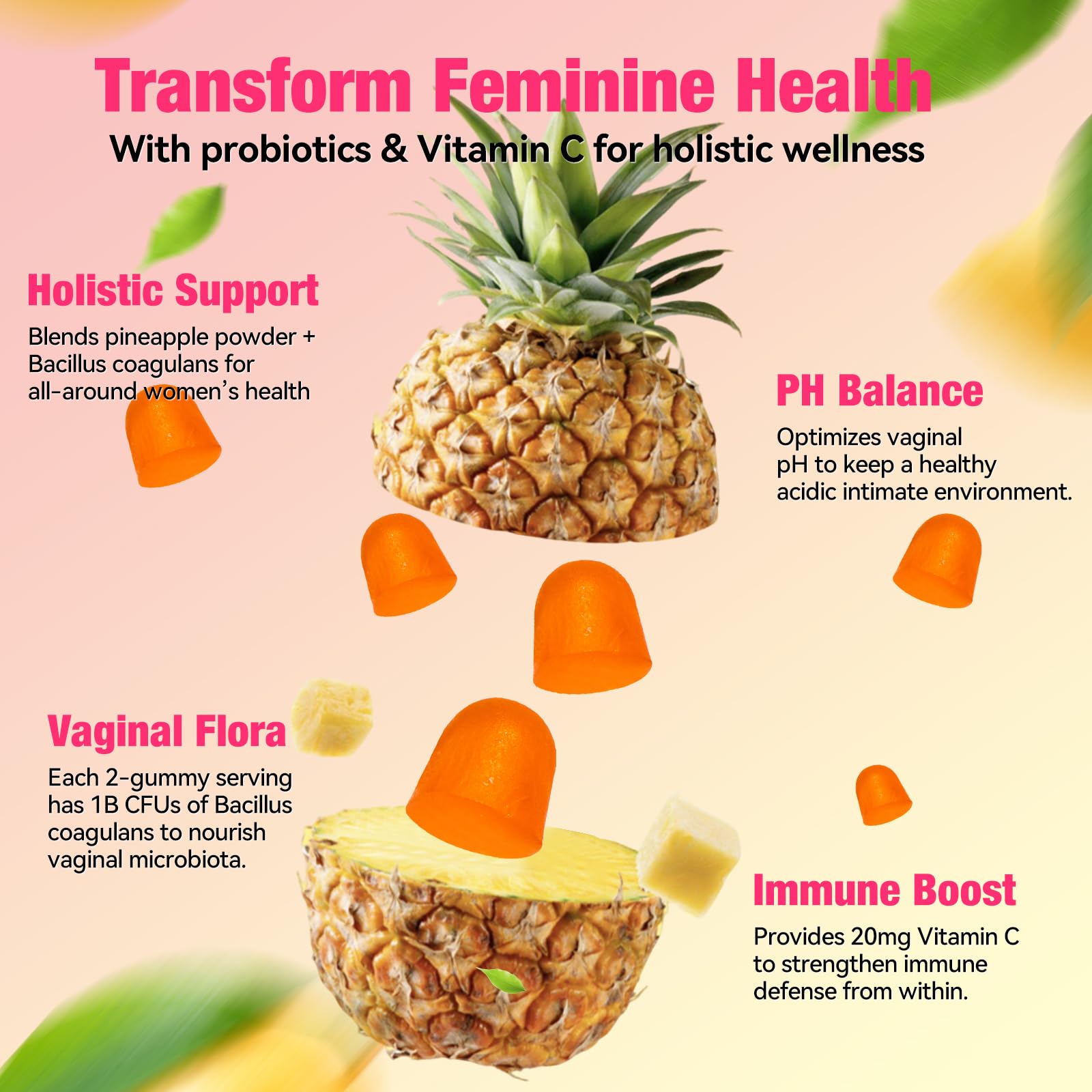 QualiLife Premium Feminine Balance Gummies for Women – Probiotic Vaginal Health Support with Vitamin C – pH Balance & Flora Support – Sugar Free, Vegan, Hawaiian Pineapple Flavor – 60 Gummies (1) - TrustMedUSA