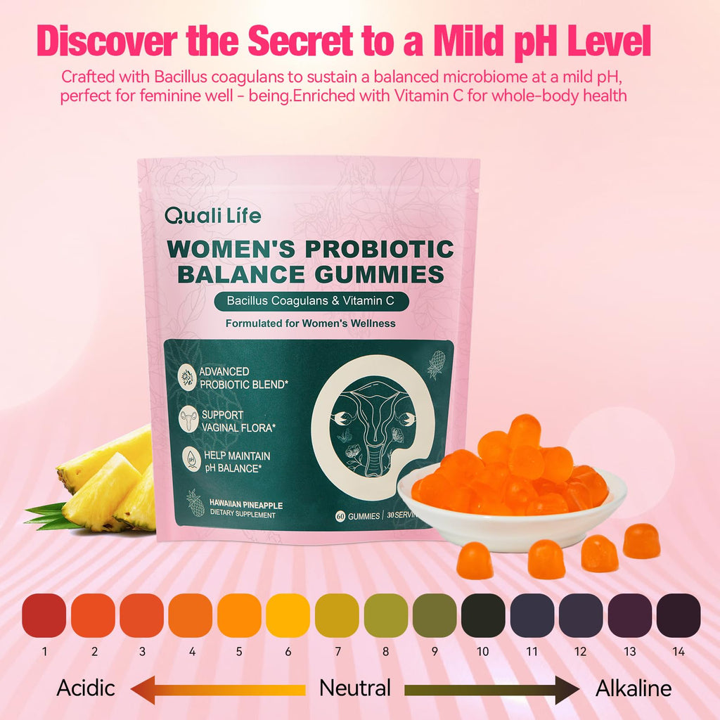 QualiLife Premium Feminine Balance Gummies for Women – Probiotic Vaginal Health Support with Vitamin C – pH Balance & Flora Support – Sugar Free, Vegan, Hawaiian Pineapple Flavor – 60 Gummies (1) - TrustMedUSA