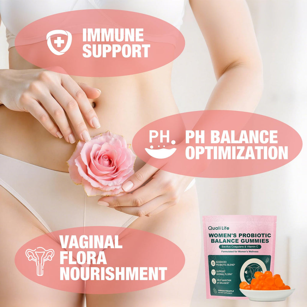 QualiLife Premium Feminine Balance Gummies for Women – Probiotic Vaginal Health Support with Vitamin C – pH Balance & Flora Support – Sugar Free, Vegan, Hawaiian Pineapple Flavor – 60 Gummies (1) - TrustMedUSA