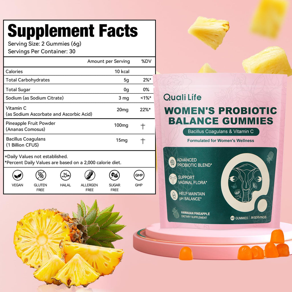 QualiLife Premium Feminine Balance Gummies for Women – Probiotic Vaginal Health Support with Vitamin C – pH Balance & Flora Support – Sugar Free, Vegan, Hawaiian Pineapple Flavor – 60 Gummies (1) - TrustMedUSA