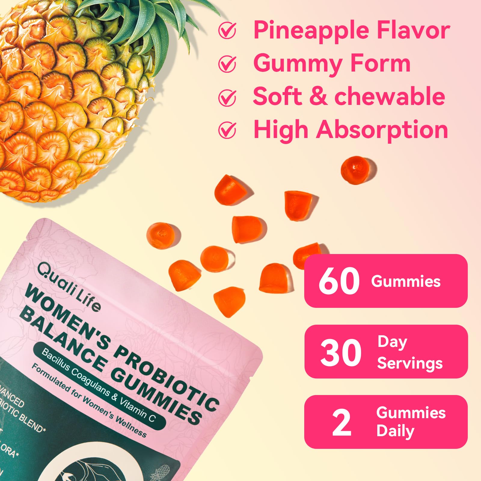 QualiLife Premium Feminine Balance Gummies for Women – Probiotic Vaginal Health Support with Vitamin C – pH Balance & Flora Support – Sugar Free, Vegan, Hawaiian Pineapple Flavor – 60 Gummies (1) - TrustMedUSA