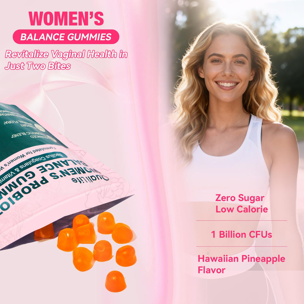 QualiLife Premium Feminine Balance Gummies for Women – Probiotic Vaginal Health Support with Vitamin C – pH Balance & Flora Support – Sugar Free, Vegan, Hawaiian Pineapple Flavor – 60 Gummies (1) - TrustMedUSA