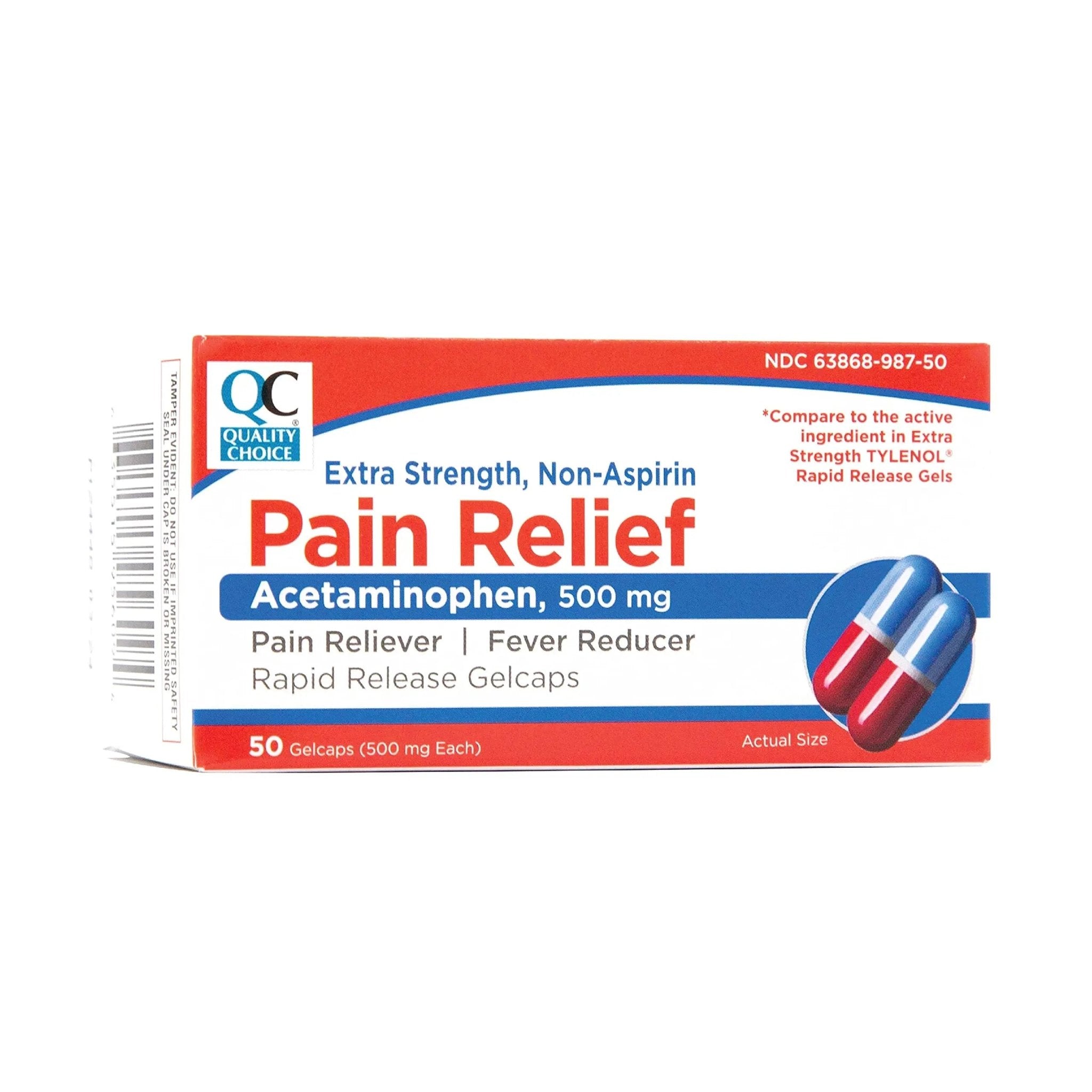 Quality Choice, Extra Strength, Non Aspirin Pain Relief, Acetaminophen 500 MG, Pain Reliever & Fever Reducer, Rapid Release Gelcaps, 50 Count Package - TrustMedUSA