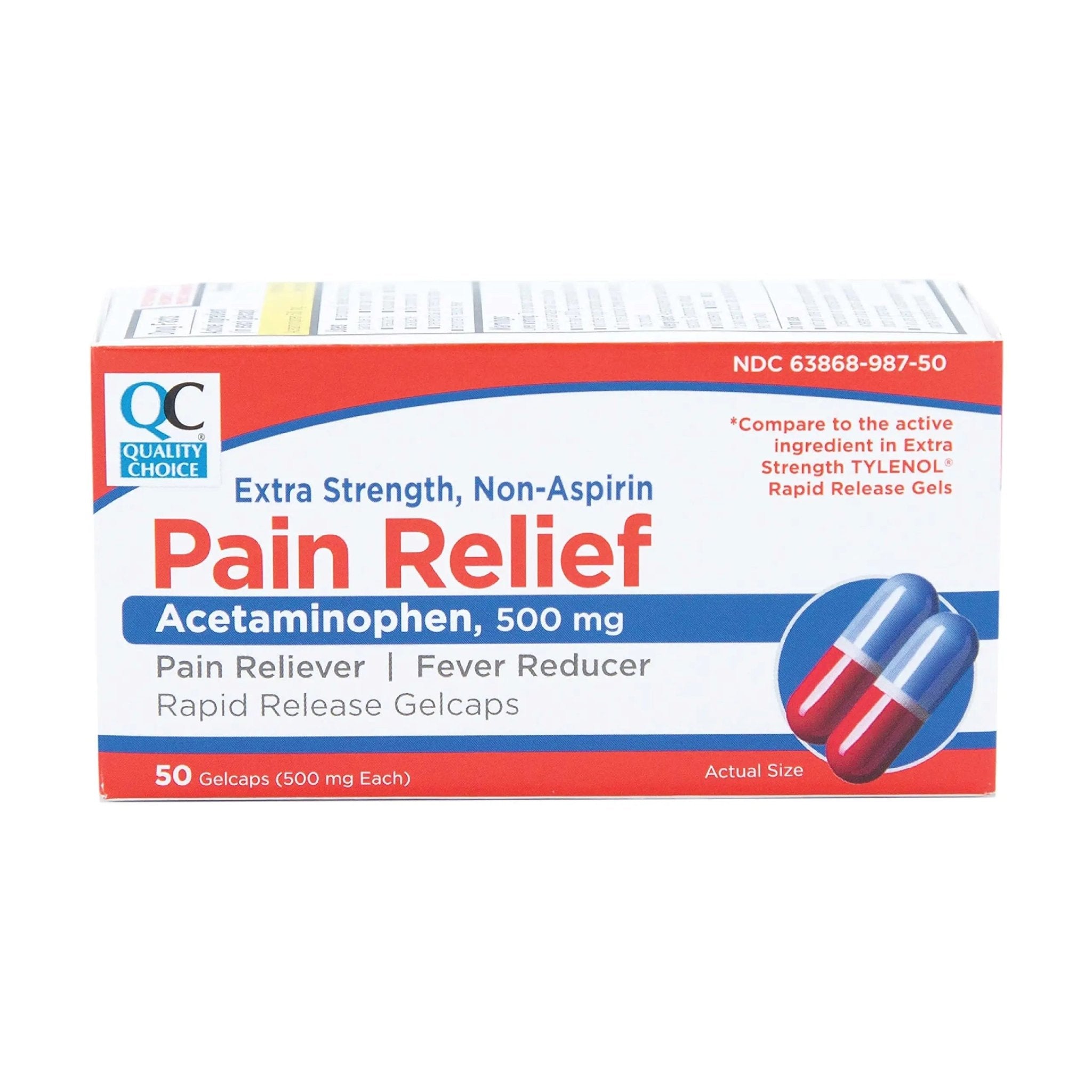 Quality Choice, Extra Strength, Non Aspirin Pain Relief, Acetaminophen 500 MG, Pain Reliever & Fever Reducer, Rapid Release Gelcaps, 50 Count Package - TrustMedUSA