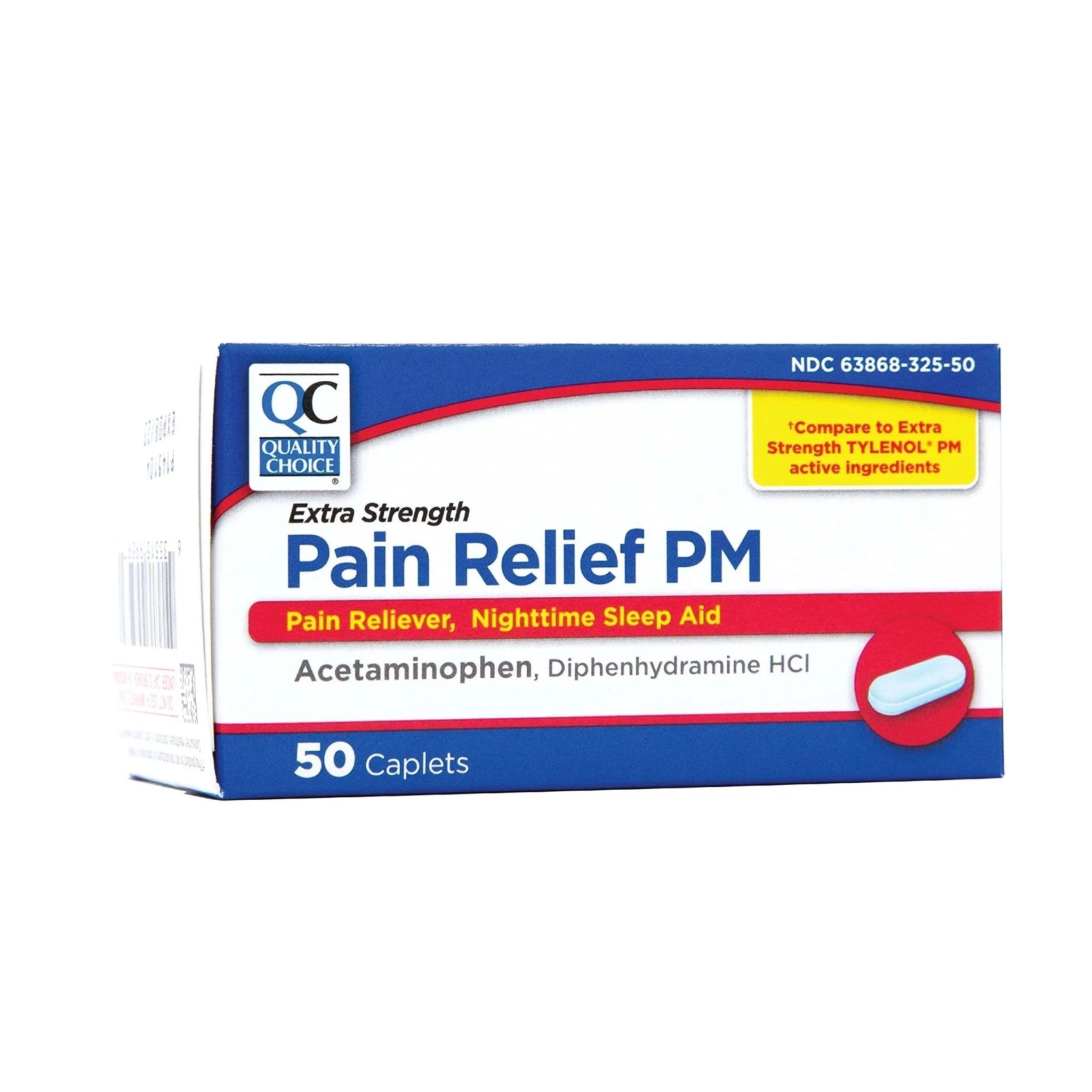 Quality Choice Extra Strength Pain Relief PM, Pain Reliever and Nighttime Sleep Aid, Acetaminophen 500 mg & Diphenhydramine HCI 25 mg (Sleep Aid), 50 Count Package of Caplets - TrustMedUSA