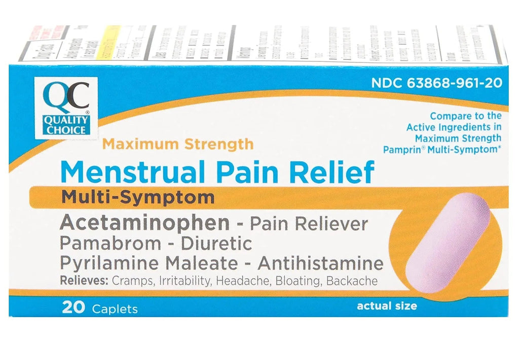 Quality Choice Maximum Strength Mentrual Pain Relief, Multi Symptom Pain Relief Caplets, Cramps, Headache, Bloating, Backache & Irritability, 20 Count Package - TrustMedUSA