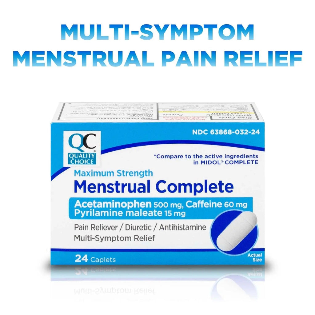 Quality Choice Menstrual Complete Max Strength Period Pain Relief, 500 mg of Acetaminophen, 60mg of Caffeine, 15mg of Pyrilamine Maleate, Cramps, Bloating, Headache. 24 Count. - TrustMedUSA