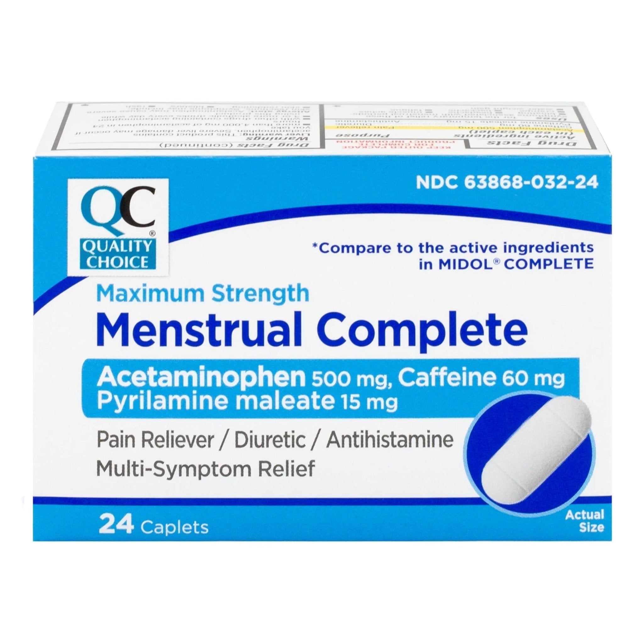 Quality Choice Menstrual Complete Max Strength Period Pain Relief, 500 mg of Acetaminophen, 60mg of Caffeine, 15mg of Pyrilamine Maleate, Cramps, Bloating, Headache. 24 Count. - TrustMedUSA