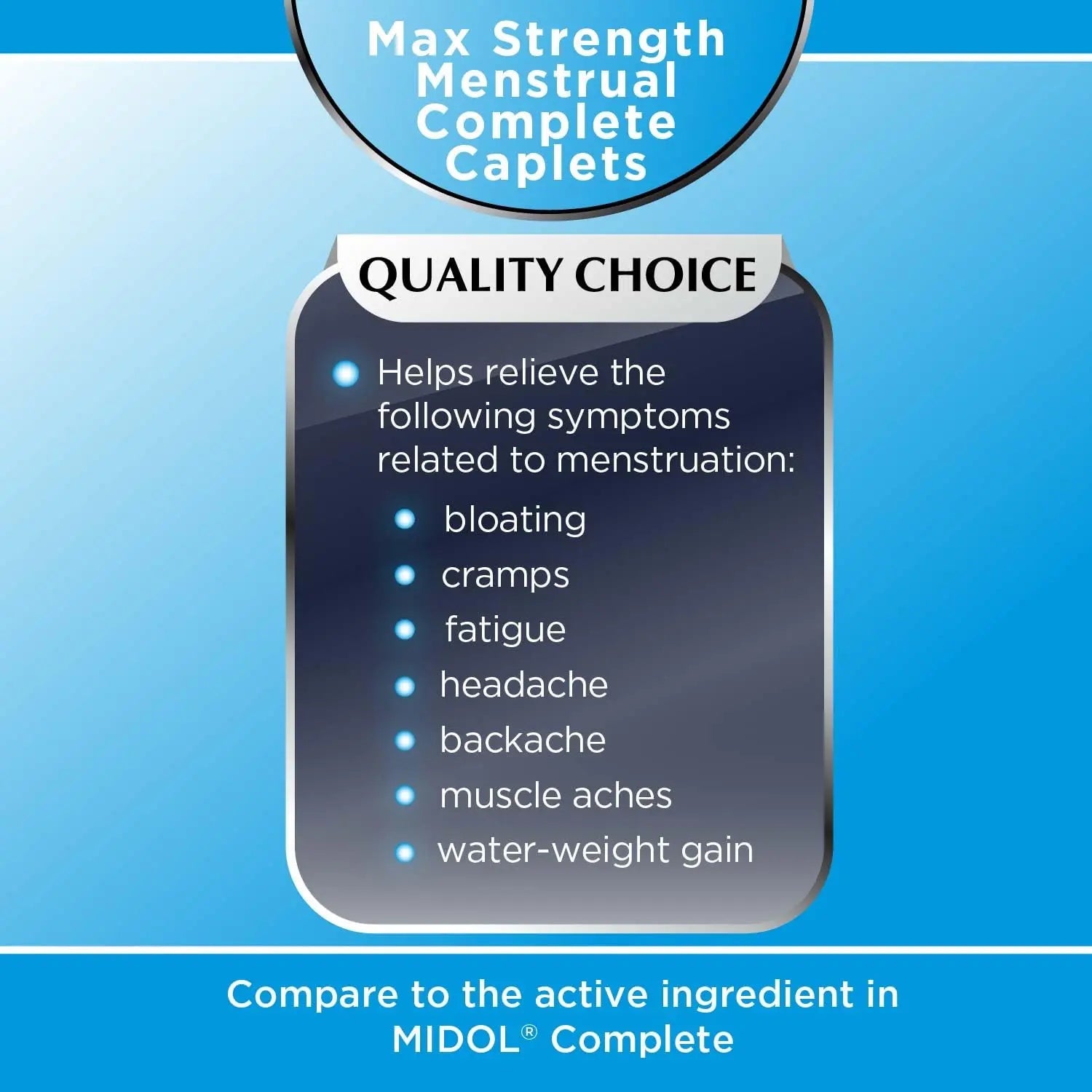 Quality Choice Menstrual Complete Max Strength Period Pain Relief, 500 mg of Acetaminophen, 60mg of Caffeine, 15mg of Pyrilamine Maleate, Cramps, Bloating, Headache. 24 Count. - TrustMedUSA