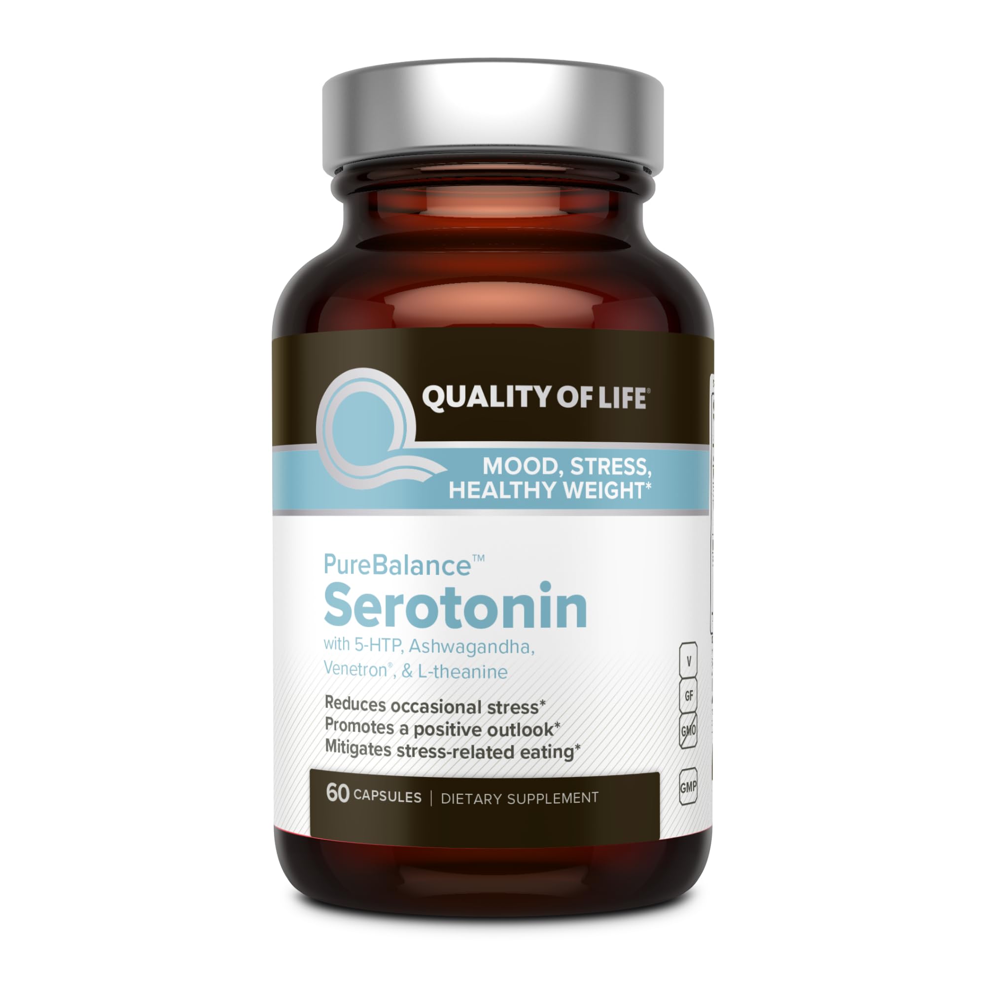 Quality of Life Pure Balance Serotonin Premium–Helps Boost Serotonin & Cortisol Levels - Includes 5-HTP, Venetron, Sensoril, Vitamin D3 & L-Theanine–60 Capsules - TrustMedUSA