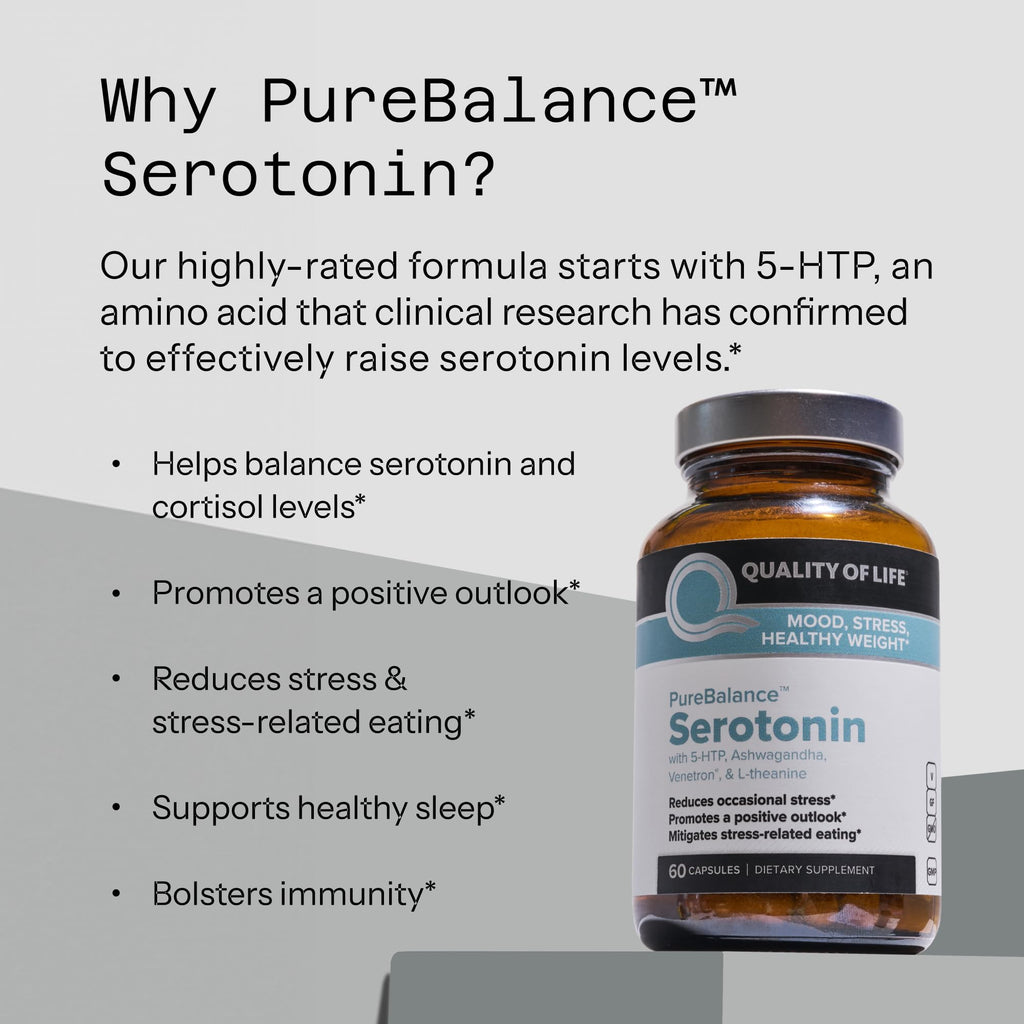 Quality of Life Pure Balance Serotonin Premium–Helps Boost Serotonin & Cortisol Levels - Includes 5-HTP, Venetron, Sensoril, Vitamin D3 & L-Theanine–60 Capsules - TrustMedUSA