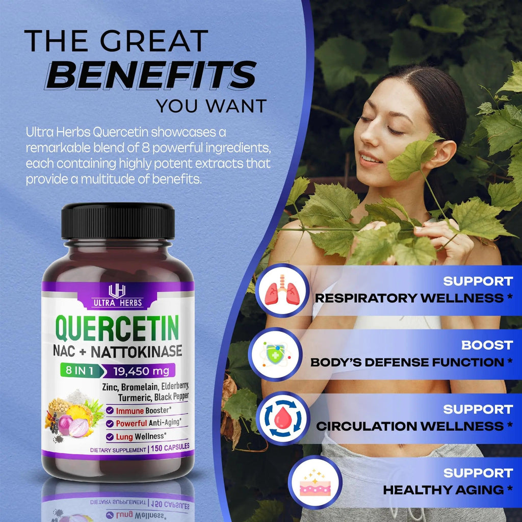 Quercetin 19,450mg 8 IN 1 with NAC, Nattokinase, Zinc, Bromelain, Elderberry, Turmeric - TrustMedUSA