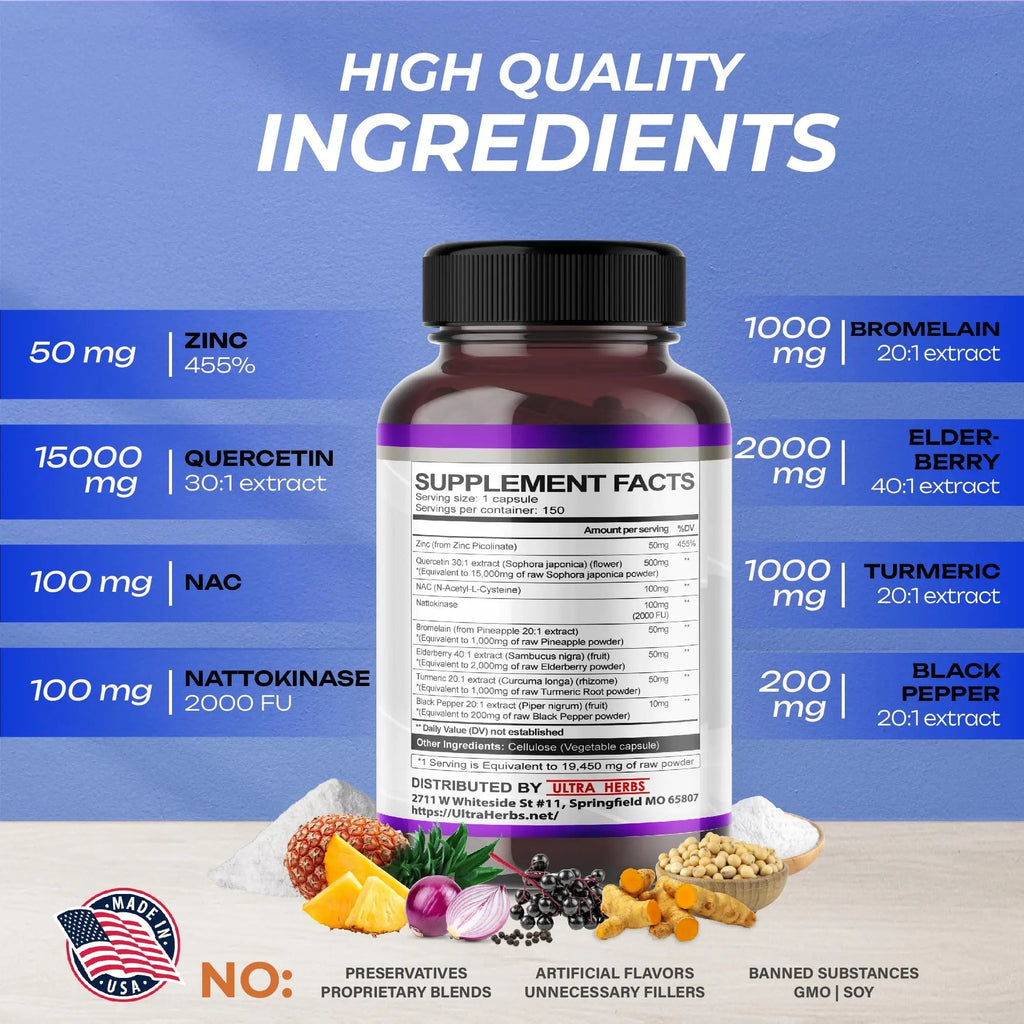 Quercetin 19,450mg 8 IN 1 with NAC, Nattokinase, Zinc, Bromelain, Elderberry, Turmeric - TrustMedUSA