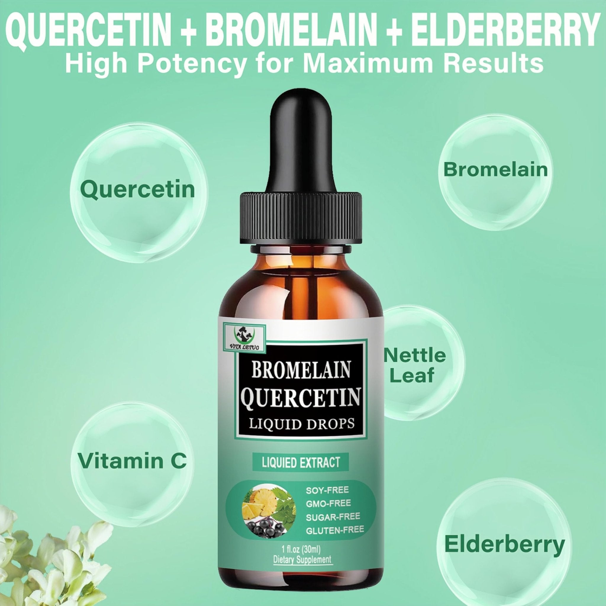 Quercetin Liquid Drops, Quercetin with Bromelain Elderberry Nettle Leaf Vitamin C Liquid Supplements, High Absorption Quercetin Liquid Drops for Women Men, Healthy Immune Antioxidant Support, Non-GMO - TrustMedUSA