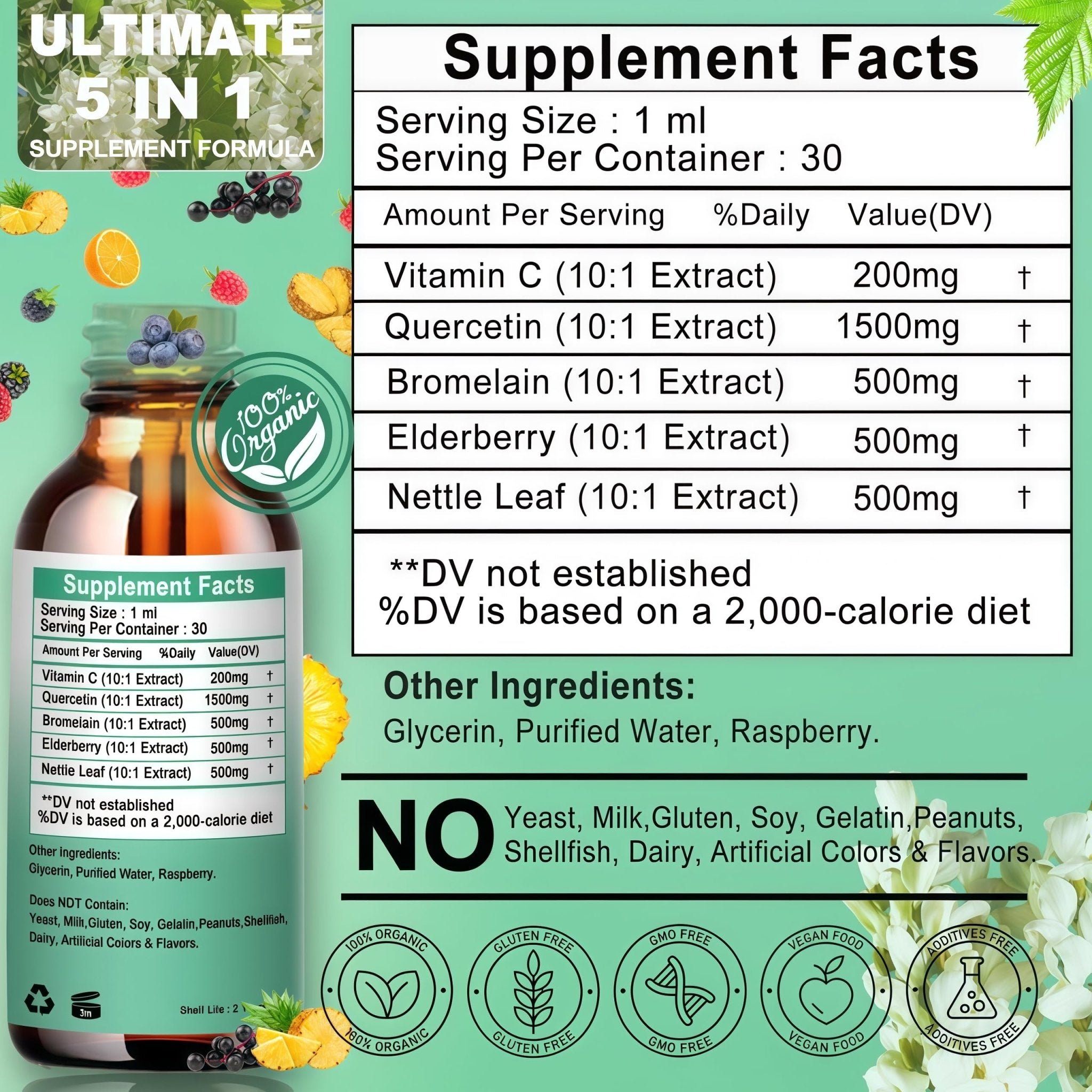 Quercetin Liquid Drops, Quercetin with Bromelain Elderberry Nettle Leaf Vitamin C Liquid Supplements, High Absorption Quercetin Liquid Drops for Women Men, Healthy Immune Antioxidant Support, Non-GMO - TrustMedUSA