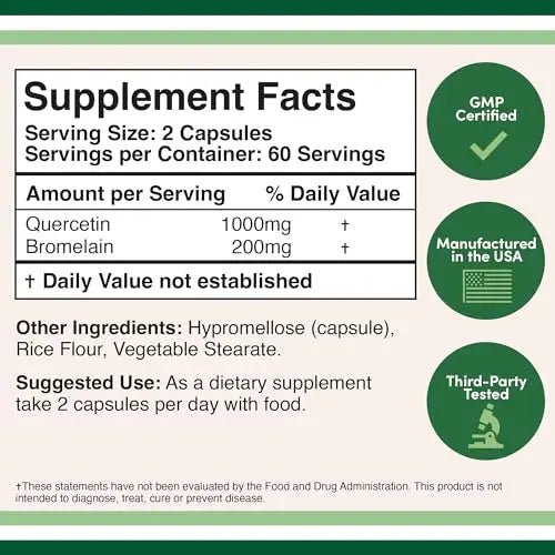 Quercetin with Bromelain - 120 Count (1,200mg Servings) Immune Health Capsules - TrustMedUSA