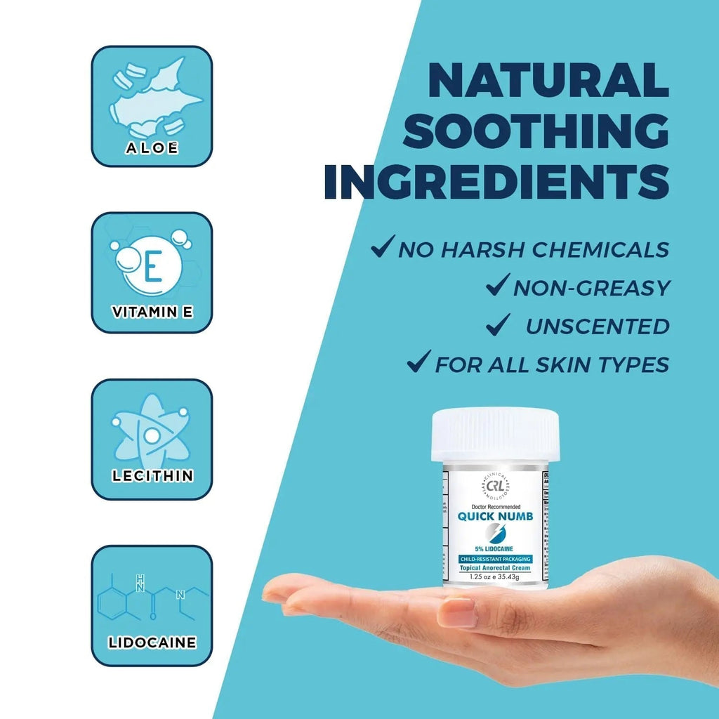 Quick Numb 5% Lidocaine Cream Maximum Strength Liposomal, Fast Itch Burn Pain Relief Cream with Aloe Allantoin Vitamin E, Gentle on Skin Support Healing Hemorrhoid Treatment 1.25 oz - TrustMedUSA