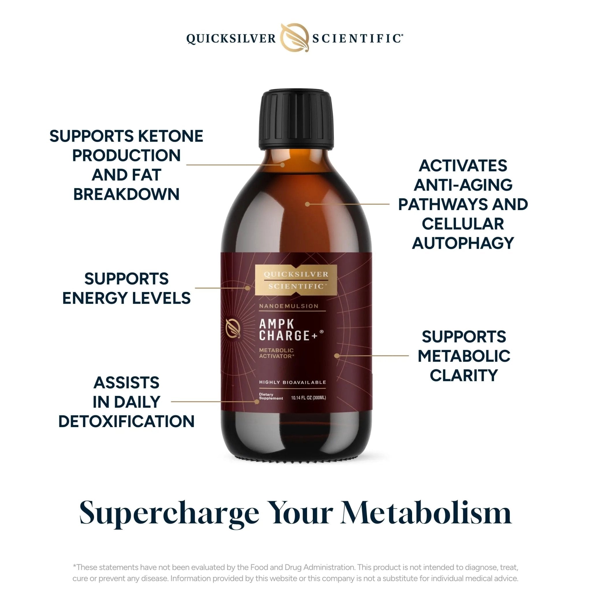 Quicksilver Scientific AMPK Charge+ - Support The Benefits of Intermittent Fasting, Carb Restrictive + Keto Protocols - Promotes Energy Production, Fat Breakdown + Healthy Aging (10.14oz / 300ml) - TrustMedUSA