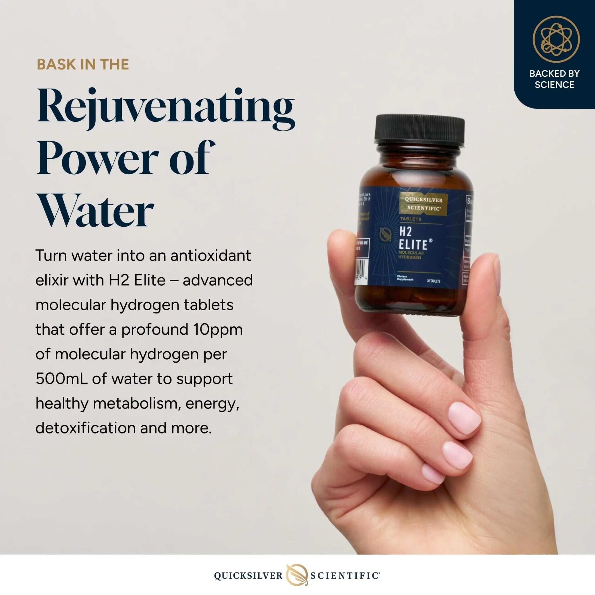 Quicksilver Scientific H2 Elite - Molecular Hydrogen for Energy + Metabolism Support, Water Tablets Perfect for Open Containers - Magnesium Malate Drink Additive (30 Molecular Hydrogen Tablets) - TrustMedUSA