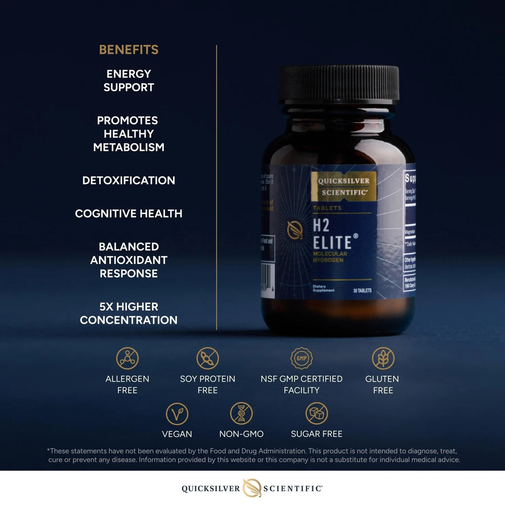 Quicksilver Scientific H2 Elite - Molecular Hydrogen for Energy + Metabolism Support, Water Tablets Perfect for Open Containers - Magnesium Malate Drink Additive (30 Molecular Hydrogen Tablets) - TrustMedUSA