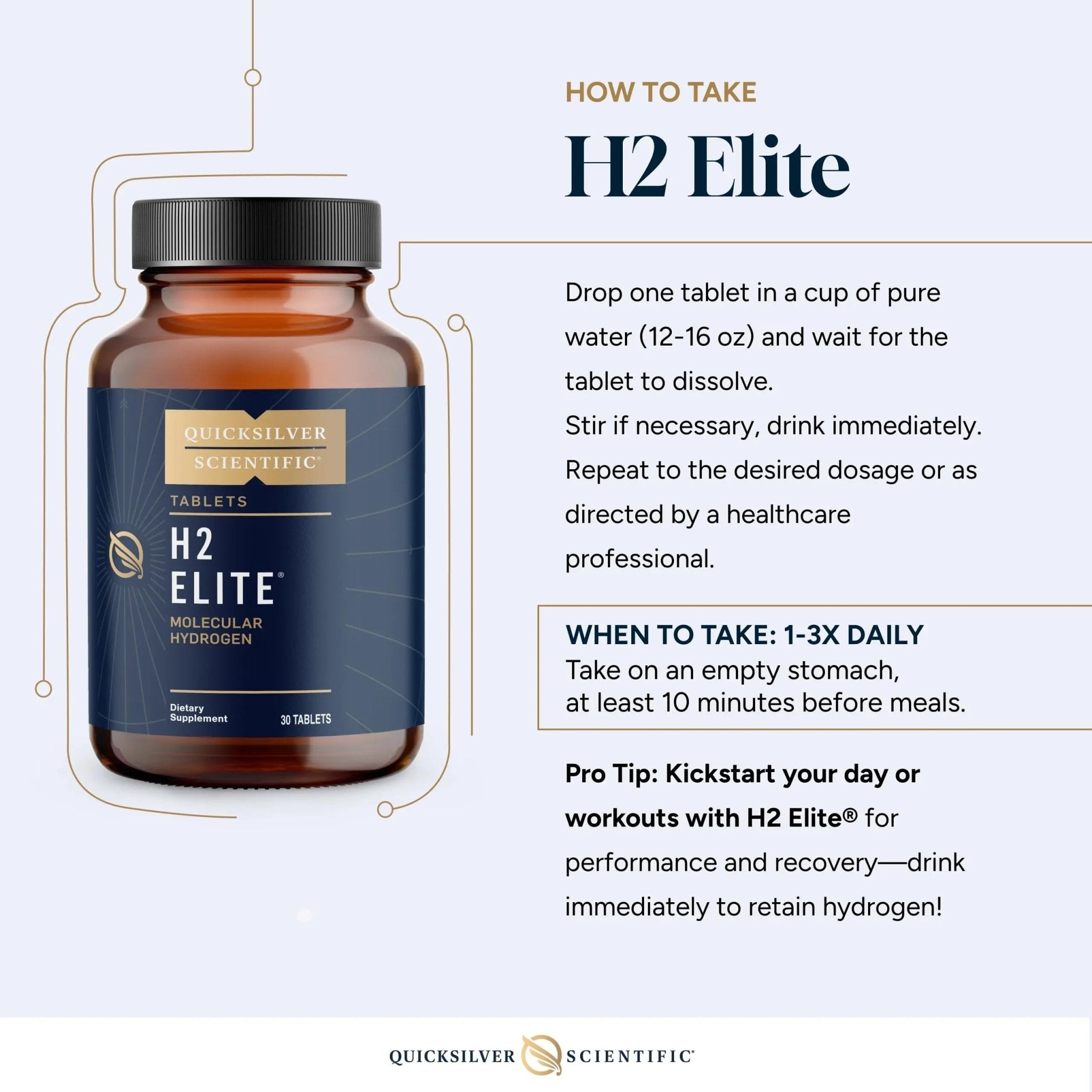 Quicksilver Scientific H2 Elite - Molecular Hydrogen for Energy + Metabolism Support, Water Tablets Perfect for Open Containers - Magnesium Malate Drink Additive (30 Molecular Hydrogen Tablets) - TrustMedUSA