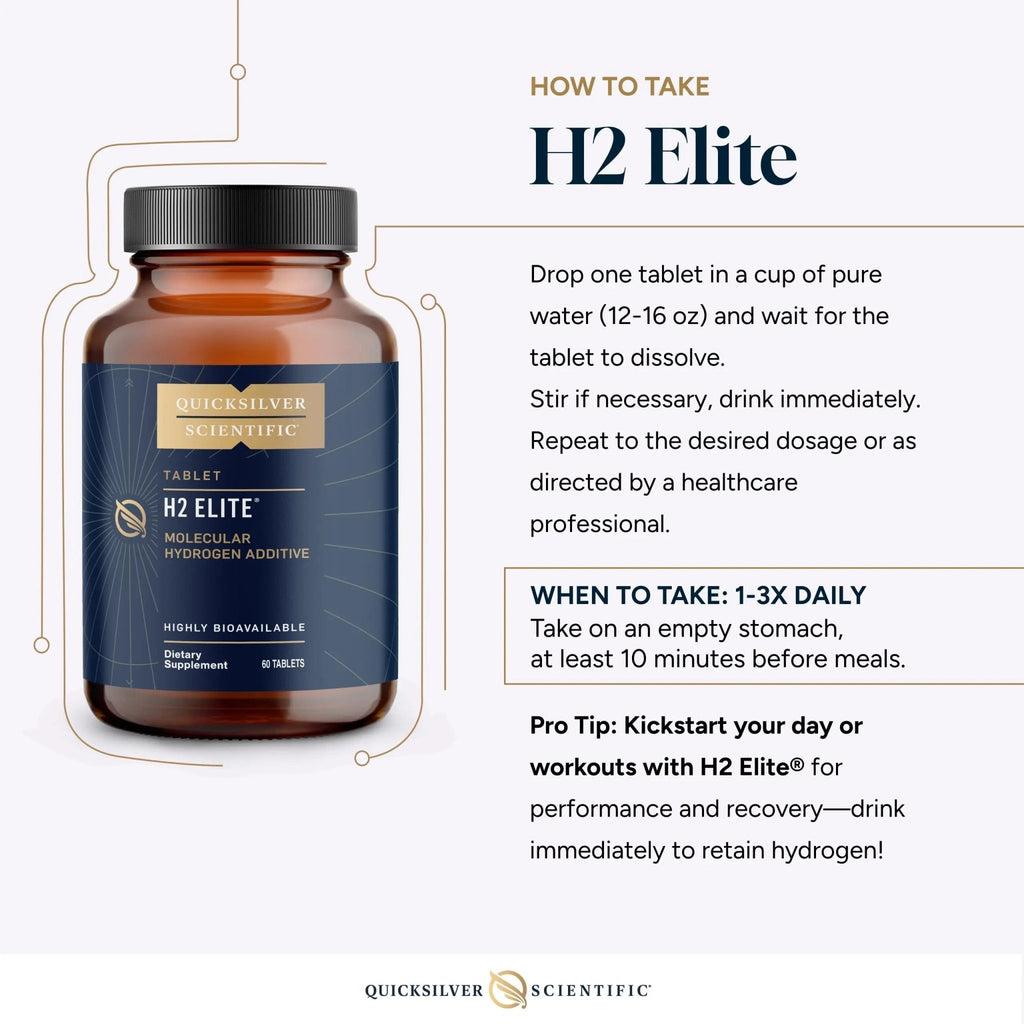 Quicksilver Scientific H2 Elite - Molecular Hydrogen for Energy + Metabolism Support, Water Tablets Perfect for Open Containers - Magnesium Malate Drink Additive (60 Molecular Hydrogen Tablets) - TrustMedUSA