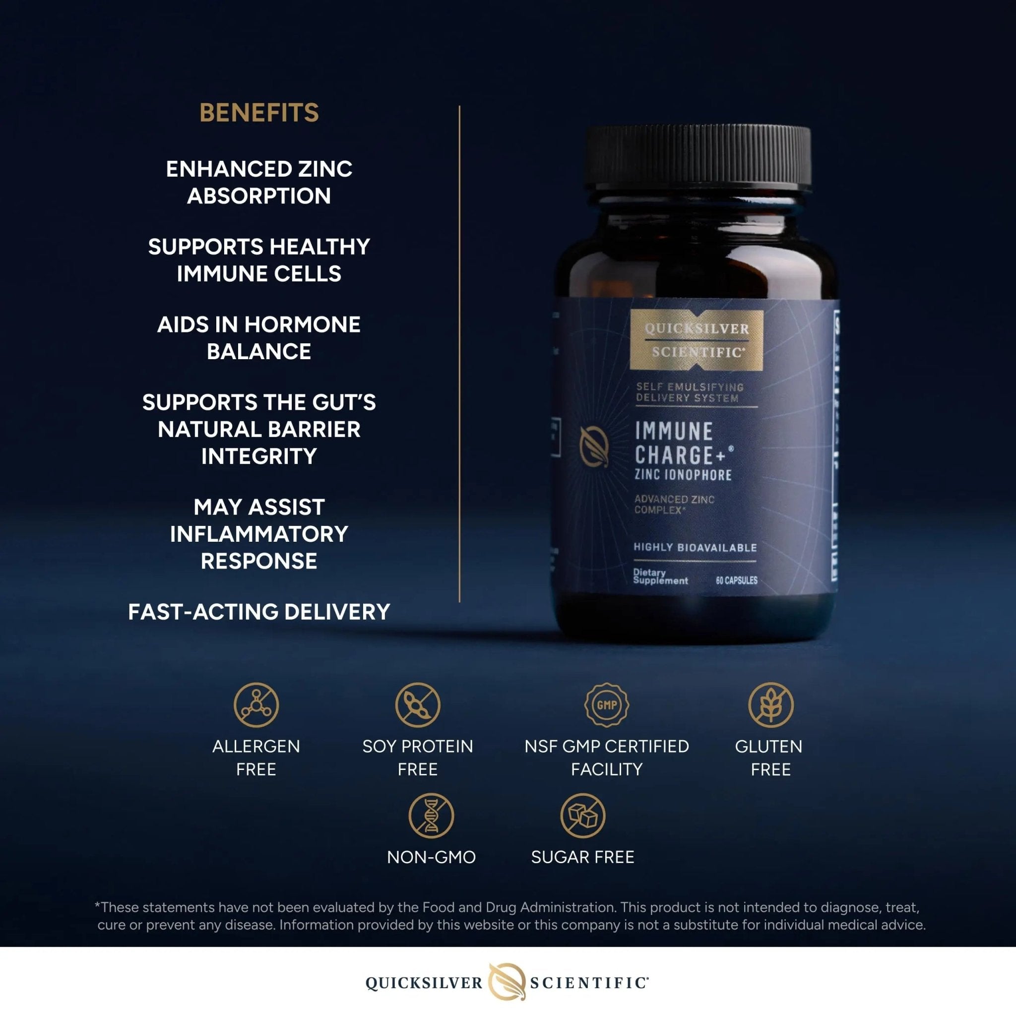 Quicksilver Scientific Immune Charge+ Zinc Ionophore - Zinc Supplement Complexed with Quercetin, Luteolin, Hesperetin Immune + GI Support (60 Capsules) - TrustMedUSA