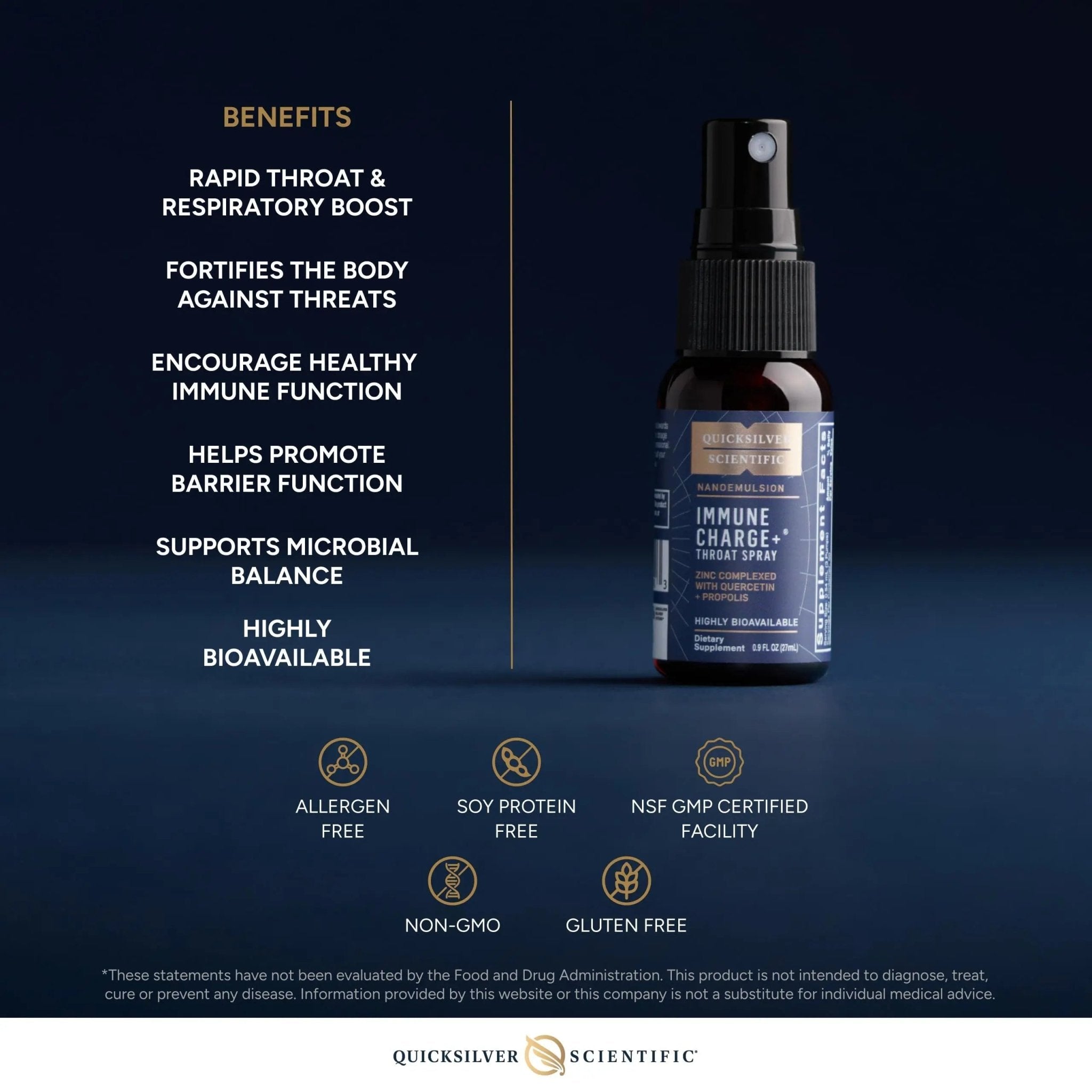 Quicksilver Scientific Immune Charge+ Zinc Throat Spray - Immune Support Liquid Supplement with Quercetin - 'Throat Coat' with Liposomal Absorption Technology (0.9 fl oz / 27ml) - TrustMedUSA