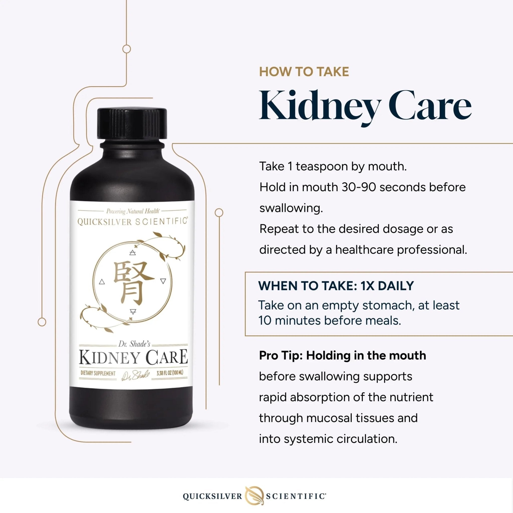 Quicksilver Scientific Kidney Care - Kidney Cleanse & Lymphatic Drainage Supplements - Astragaloside IV Extract, Zhu Ling, Goldenrod, Ferulic Acid, He Shou Wu & Dandelion Leaf (3.38oz / 100ml) - TrustMedUSA