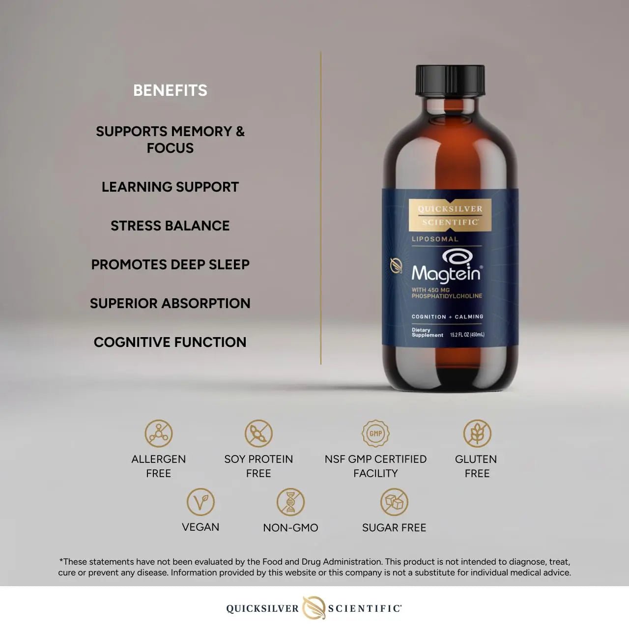 Quicksilver Scientific Liposomal Magtein - Magnesium Supplement for Brain Function Support - Stress, Sleep & Memory Support - Gluten-Free, Sugar-Free & Vegan - 15.2 fl oz (30 Servings) - TrustMedUSA