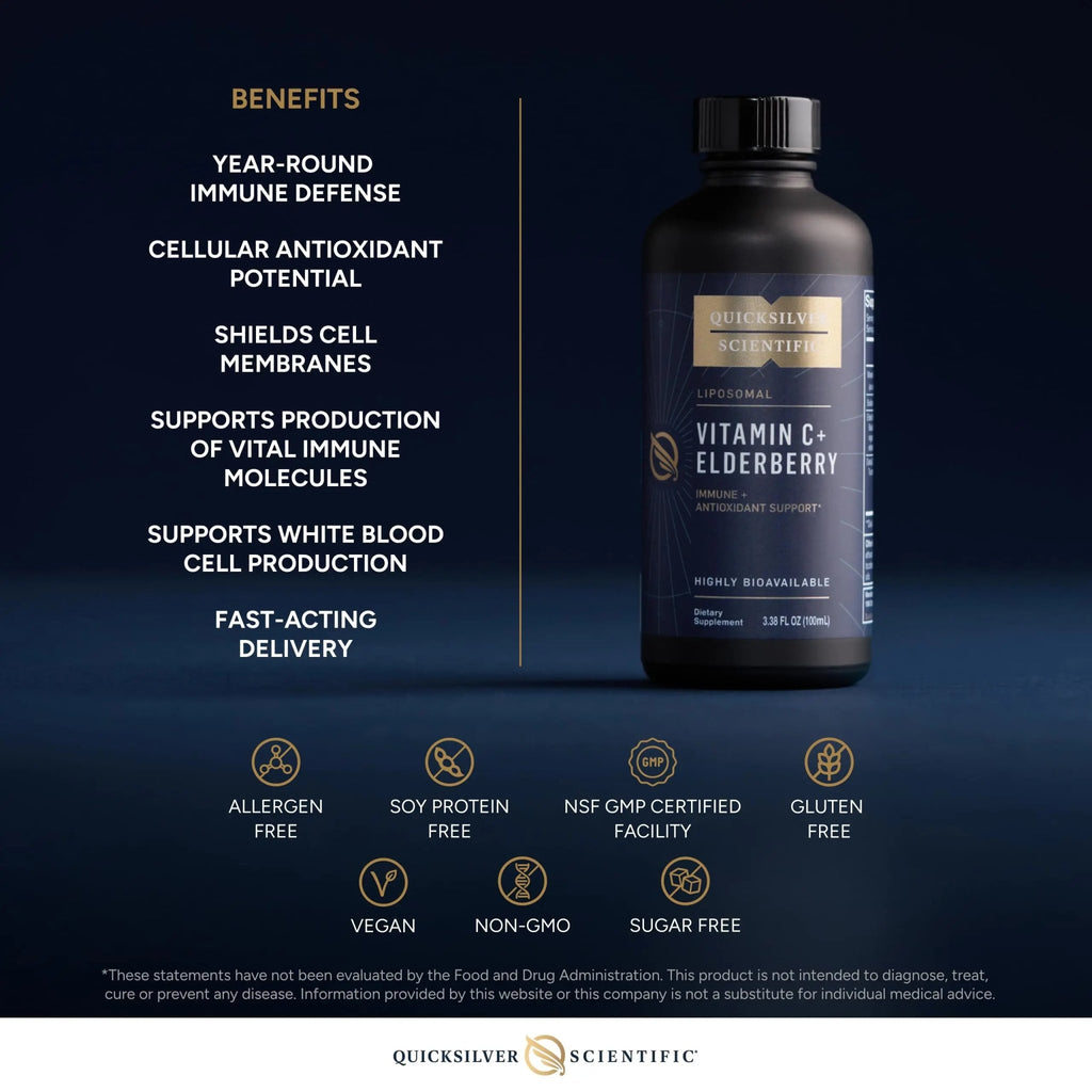 Quicksilver Scientific Liposomal Vitamin C + Elderberry - 1000mg with Superior Absorption Technology & Tocotrienols - Antioxidant & Immune Support Tonic (100ml), 1 Item - TrustMedUSA