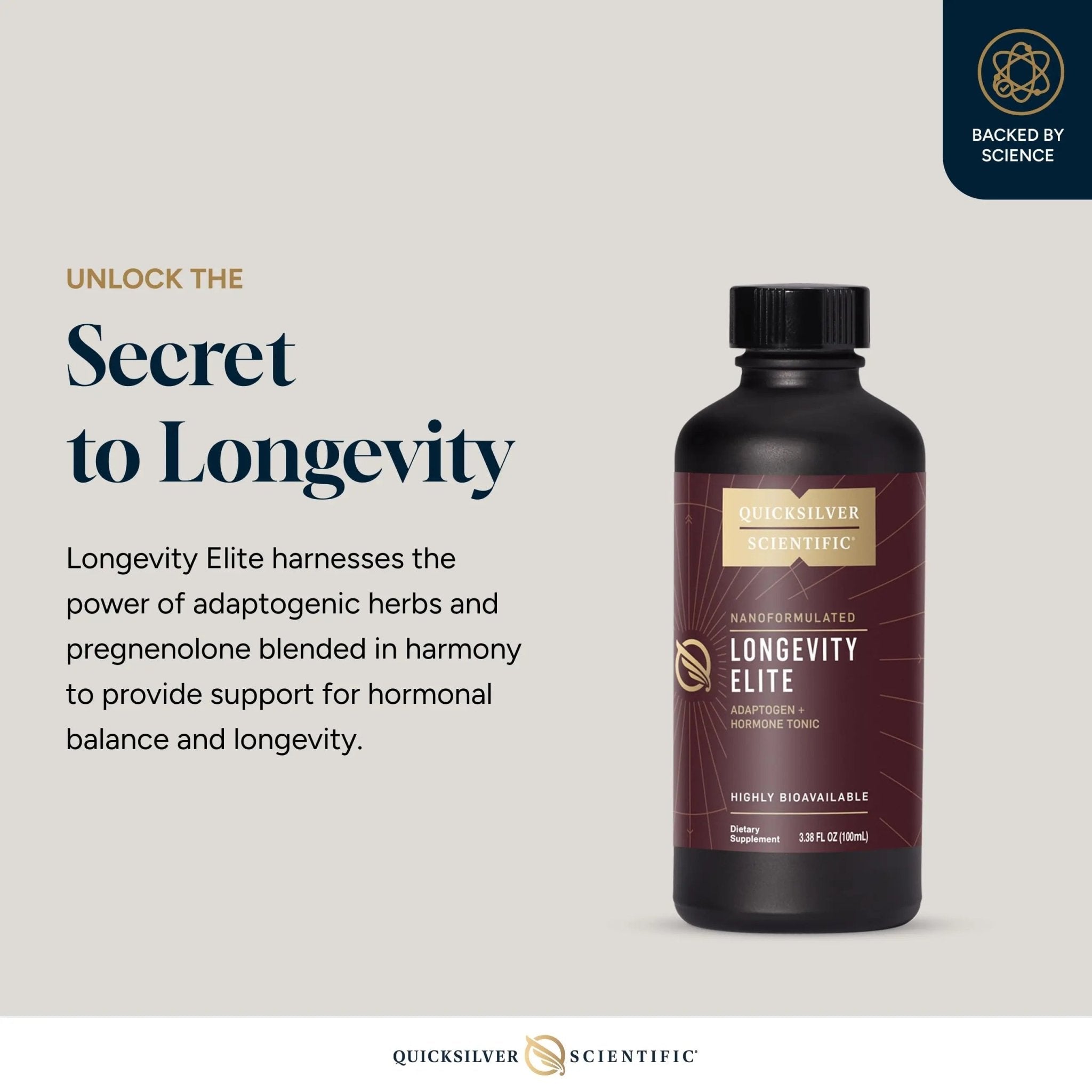 Quicksilver Scientific Longevity Elite - Liposomal Adaptogen + Pregnenolone Tonic - Herbal Supplements Designed for Age Optimization Support While Targeting AMPK, Sirtuins + Telomeres (100ml) - TrustMedUSA