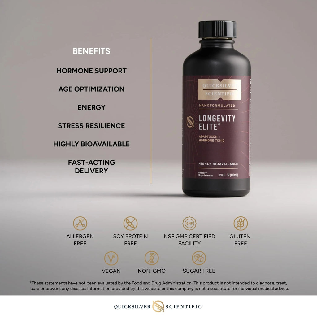 Quicksilver Scientific Longevity Elite - Liposomal Adaptogen + Pregnenolone Tonic - Herbal Supplements Designed for Age Optimization Support While Targeting AMPK, Sirtuins + Telomeres (100ml) - TrustMedUSA