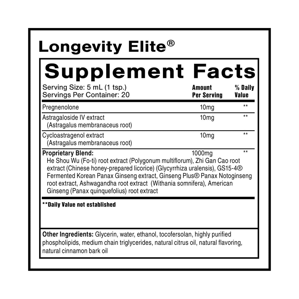 Quicksilver Scientific Longevity Elite - Liposomal Adaptogen + Pregnenolone Tonic - Herbal Supplements Designed for Age Optimization Support While Targeting AMPK, Sirtuins + Telomeres (100ml) - TrustMedUSA