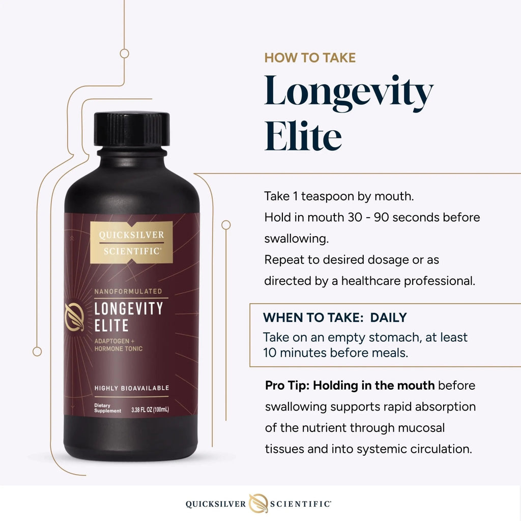 Quicksilver Scientific Longevity Elite - Liposomal Adaptogen + Pregnenolone Tonic - Herbal Supplements Designed for Age Optimization Support While Targeting AMPK, Sirtuins + Telomeres (100ml) - TrustMedUSA
