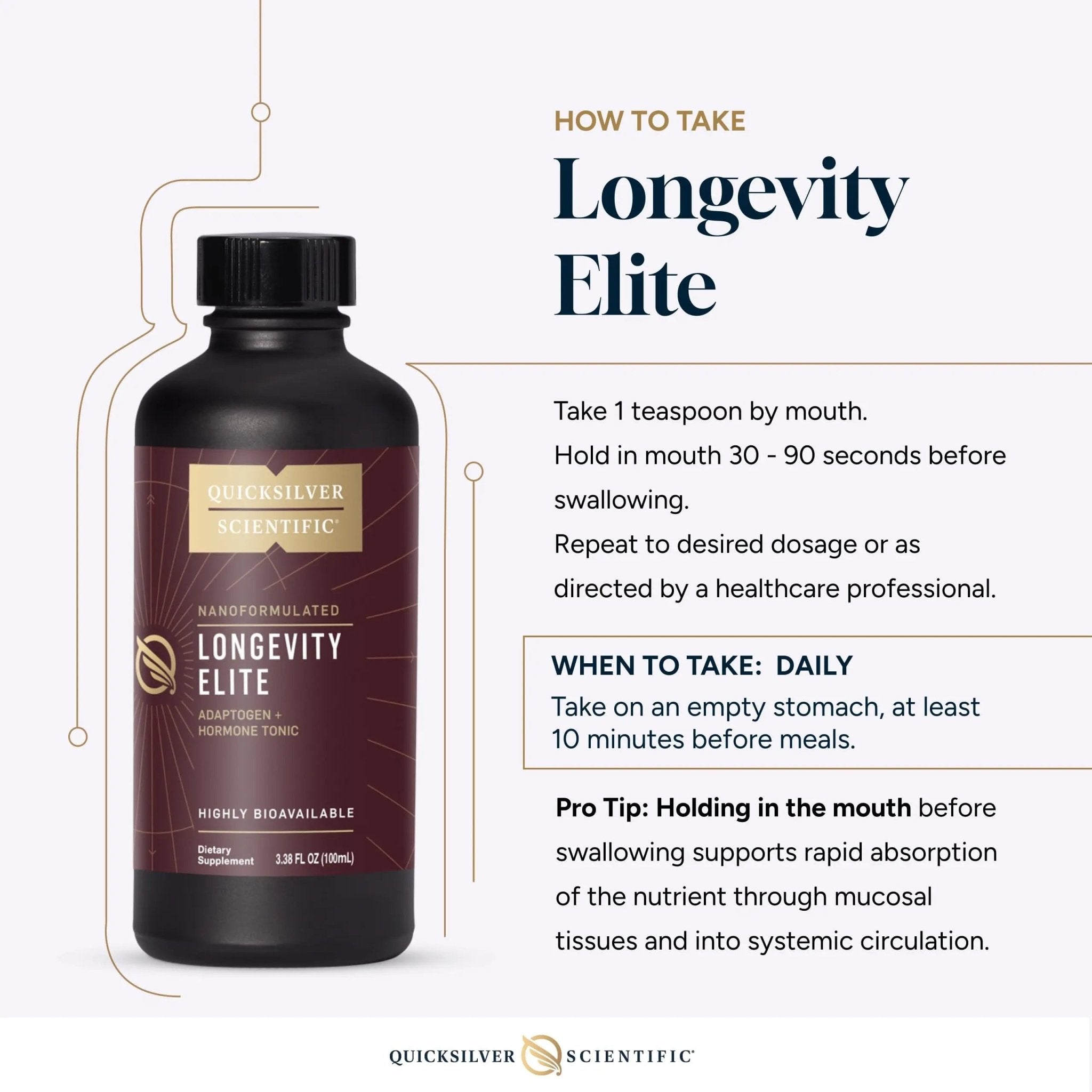 Quicksilver Scientific Longevity Elite - Liposomal Adaptogen + Pregnenolone Tonic - Herbal Supplements Designed for Age Optimization Support While Targeting AMPK, Sirtuins + Telomeres (100ml) - TrustMedUSA
