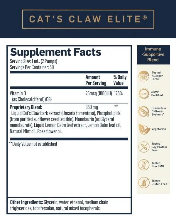 Quicksilver Scientific Nanoemulsified Cat's Claw - Liquid Immune Support Supplement with Uncaria tomentosa, 1000 IU Vitamin D + Monolaurin - Vegan + Superior Liposomal Absorption (1.7oz / 50ml) - TrustMedUSA