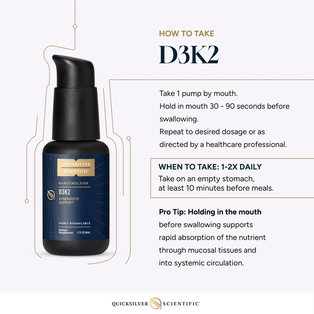 Quicksilver Scientific Nanoemulsified D3K2 - Emulsified Liquid Vitamin D3 + K2 MK7 Liposomal Supplement for Heart, Bone Health + Immune Support - Bioactive 2500IU for Enhanced Absorption (1.7oz/50ml) - TrustMedUSA