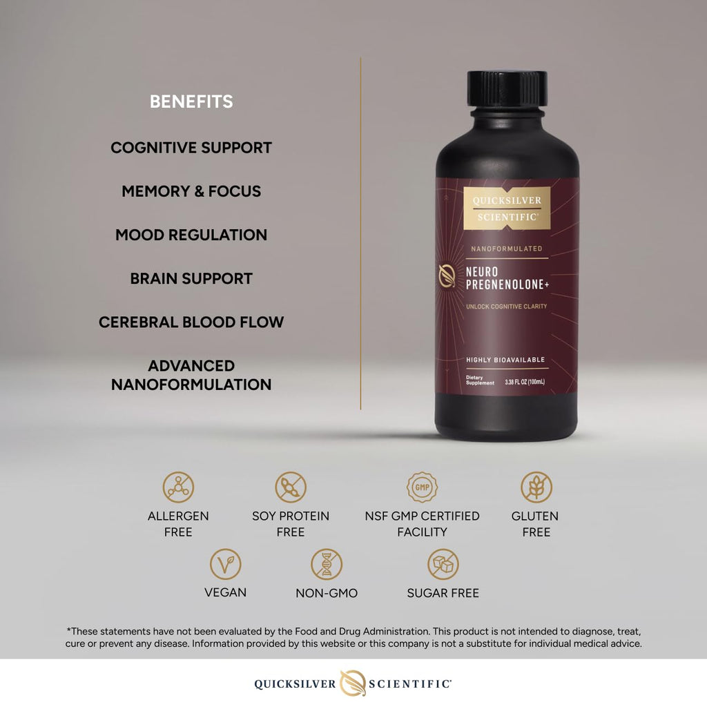 Quicksilver Scientific Neuro Pregnenolone+ - Brain Support Supplement for Neurological Health - Neuroactive Ingredients - Rapid Absorption - Vegan, Sugar-Free & Gluten-Free - 3.38 fl oz (20 Servings) - TrustMedUSA
