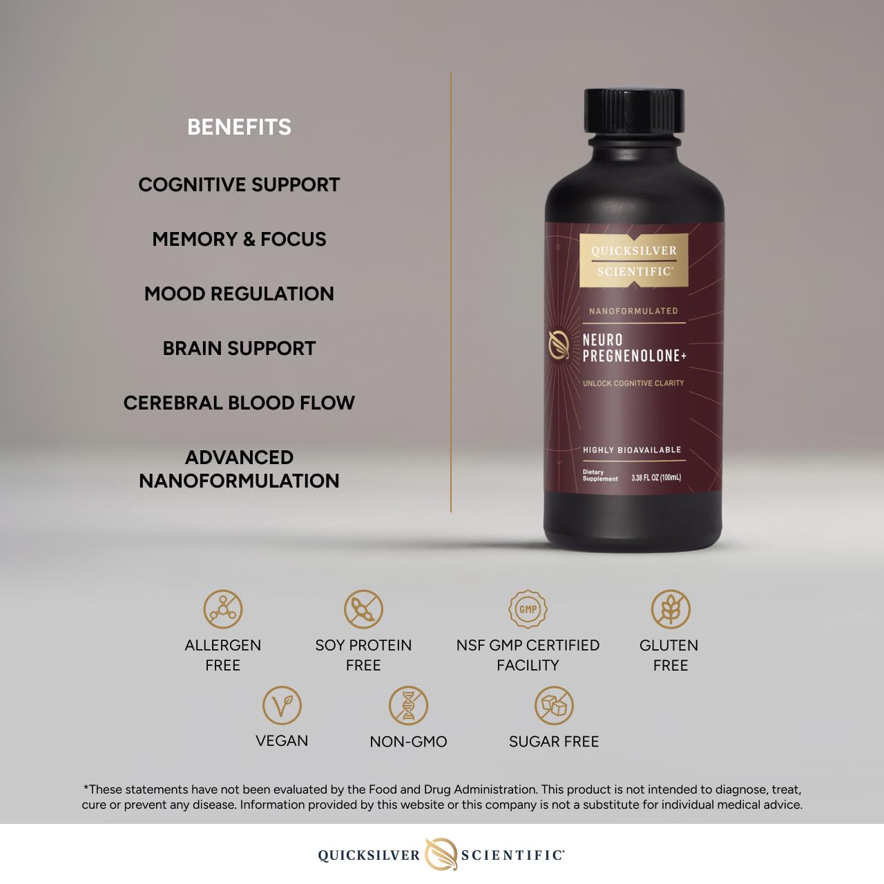 Quicksilver Scientific Neuro Pregnenolone+ - Brain Support Supplement for Neurological Health - Neuroactive Ingredients - Rapid Absorption - Vegan, Sugar-Free & Gluten-Free - 3.38 fl oz (20 Servings) - TrustMedUSA
