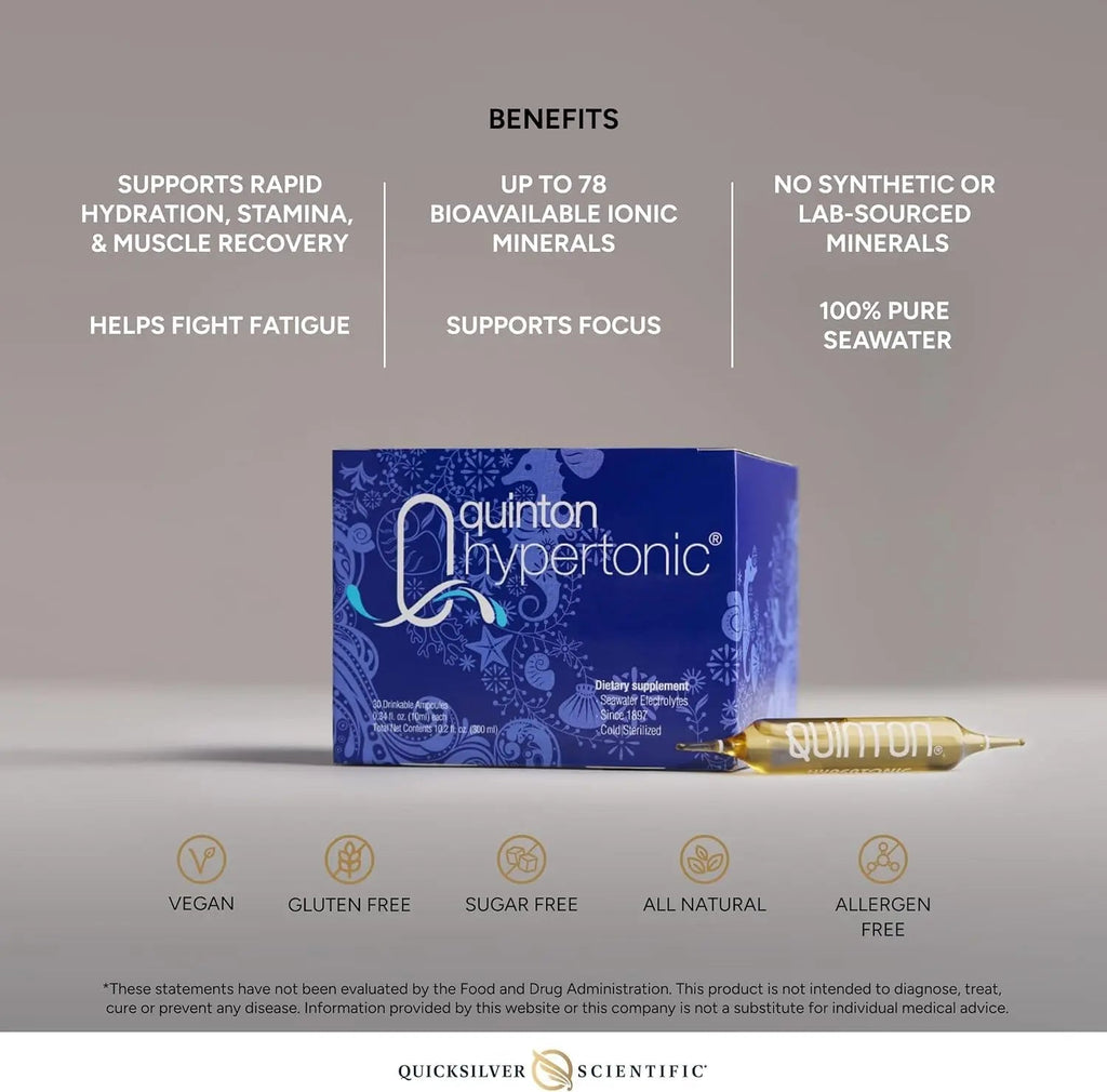 Quicksilver Scientific Original Quinton Hypertonic Solution - Sea Water Hydration - Liquid Minerals with Electrolytes for Muscle Recovery, Stamina+Mineral Replenishment (30 Single Serving Glass Vials) - TrustMedUSA