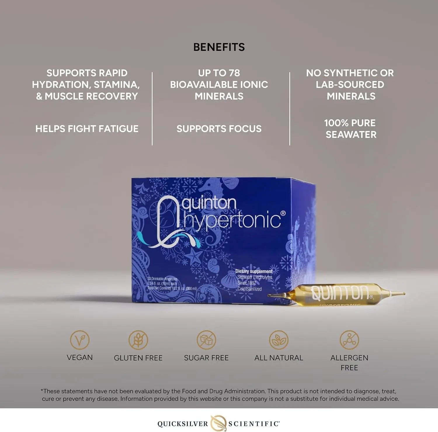 Quicksilver Scientific Original Quinton Hypertonic Solution - Sea Water Hydration - Liquid Minerals with Electrolytes for Muscle Recovery, Stamina+Mineral Replenishment (30 Single Serving Glass Vials) - TrustMedUSA