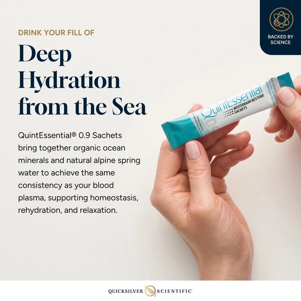 Quicksilver Scientific Quintessential 0.9 Sachets - Isotonic Solution with Sea Water Minerals + Alpine Spring - Liquid Hydration, Electrolyte + Multi Minerals Supplement (30 Count) - TrustMedUSA
